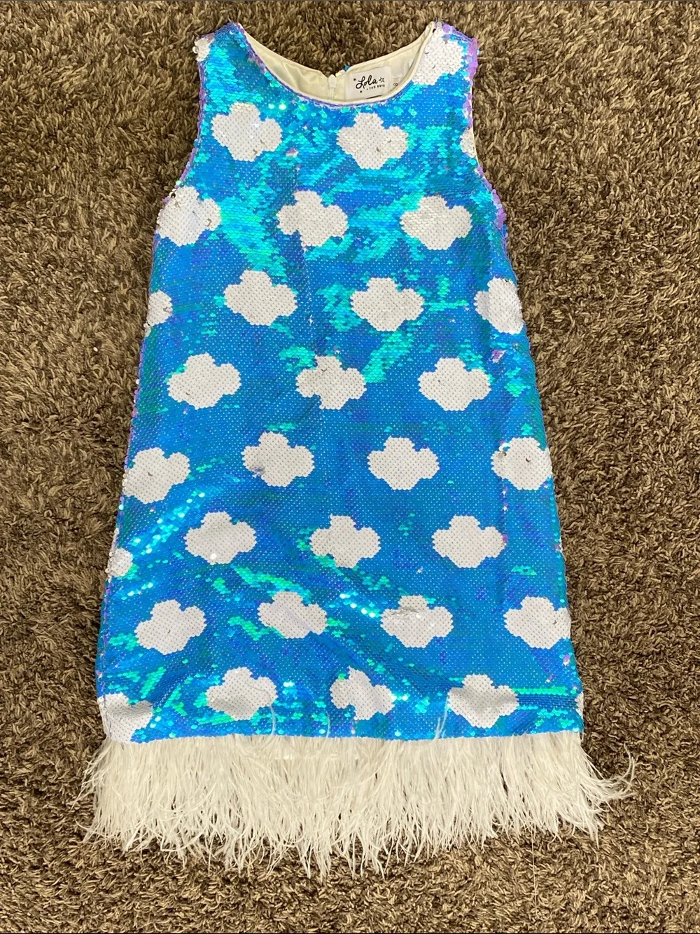 Lola + The Boys Blue Sequin Cloud A-Line Dress with White Feather Trim